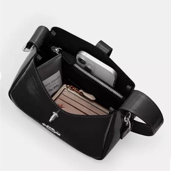 Coach Mini Hadley Crinkle Black Patent Leather Crossbody Bag Silver NWT - Picture 4 of 11